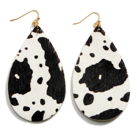 Black & White Cow Print Teardrop Dangle Earrings - Picture 1 of 3